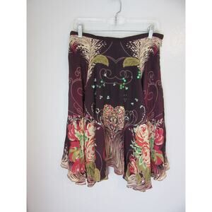 LAPIS Burgundy Floral Full Circle Swing M Silk Lined Side Zip Skirt